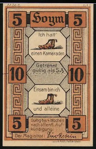 Notgeld Hoym, 1921, 5 und 10 Pfennig, mit Sprüchen und Stiefelzeichnungen