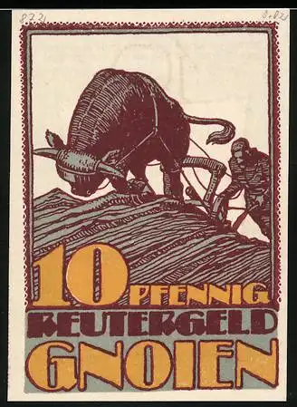 Notgeld Gnoien, 10 Pfennig, Reutergeld mit Pflugszene und Gedicht, gültig bis 15. Februar 1922