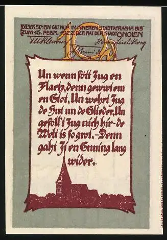 Notgeld Gnoien, 10 Pfennig, Reutergeld mit Pflugszene und Gedicht, gültig bis 15. Februar 1922