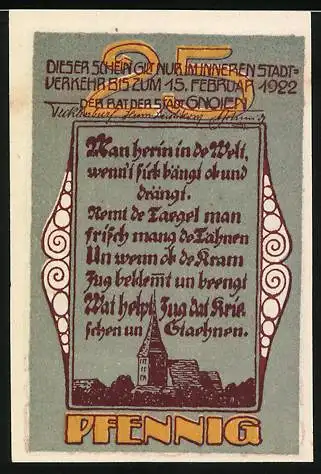 Notgeld Gnoien, 1922, 25 Pfennig, Erntearbeiter und Gedicht mit Kirche auf der Rückseite