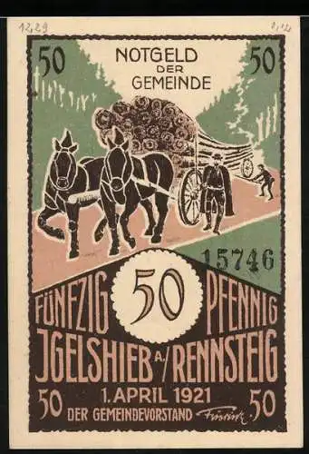 Notgeld Igelshieb a/R Rennsteig 1921, 50 Pfennig, Pferdekarren mit Holzstämmen und Handwerker bei der Arbeit