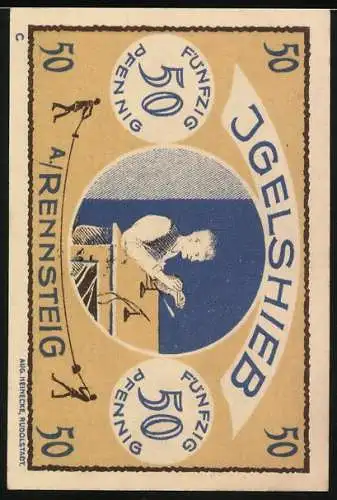 Notgeld Igelshieb a/R Rennsteig 1921, 50 Pfennig, Pferdekarren mit Holzstämmen und Handwerker bei der Arbeit