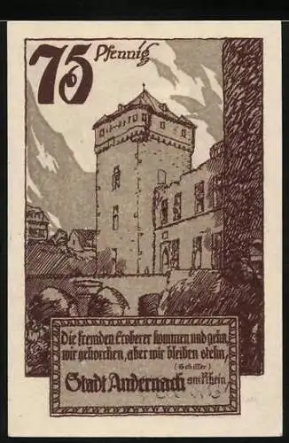 Notgeld Andernach 1920, 75 Pfennig, Abbildung eines Turms und Stadtwappen