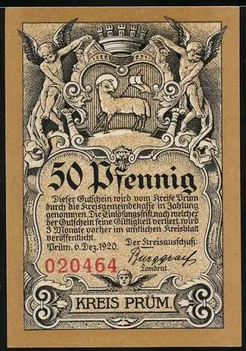 Notgeld Prüm, 1920, 50 Pfennig, Vorderseite mit Lamm und Engeln, Rückseite Abtei Prüm