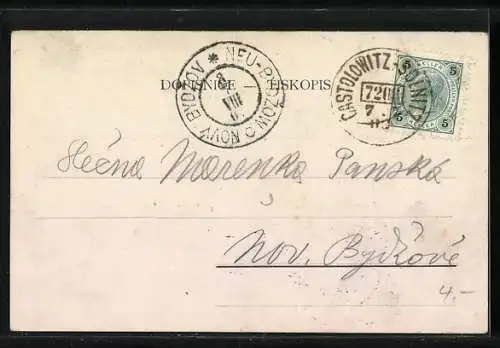 Künstler-AK Ein junger Mann in tschechischer Tracht klopft ans Fenster des Hauses einer Frau