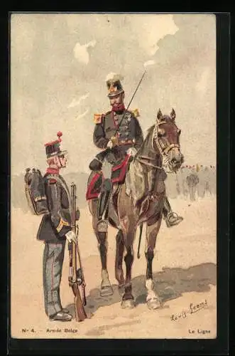 Künstler-AK Louis Geens, No 4, Armee Belge, La Ligne, Soldat & Offizier zu Pferd