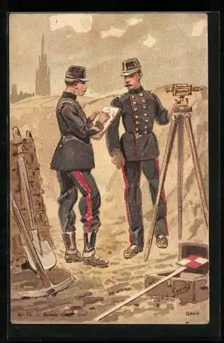 Künstler-AK Armee Belge, zwei belgische Soldaten im Schützengraben
