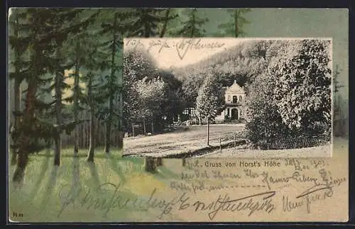 AK Lübbecke, Gasthof Horst`s Höhe, gerahmt von lithographiertem Wald