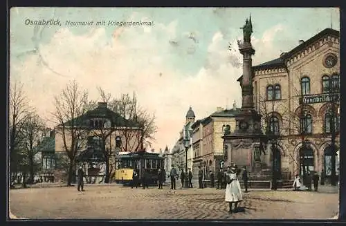 AK Osnabrück, Neumarkt mit Kriegerdenkmal, Strassenbahn