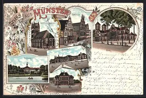 Lithographie Münster / Westfalen, Königl. Akademie, Rathaus, Bahnhof