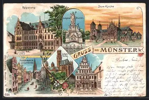 Lithographie Münster i. W., Regierung, Dom-Kirche und Stadtweinhaus