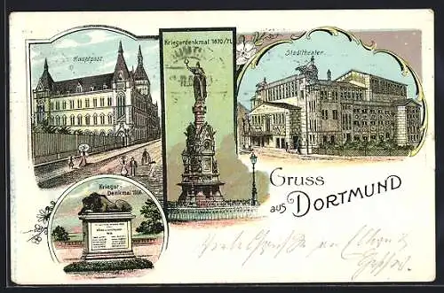 Lithographie Dortmund, Stadttheater, Hauptpost, Kriegerdenkmal