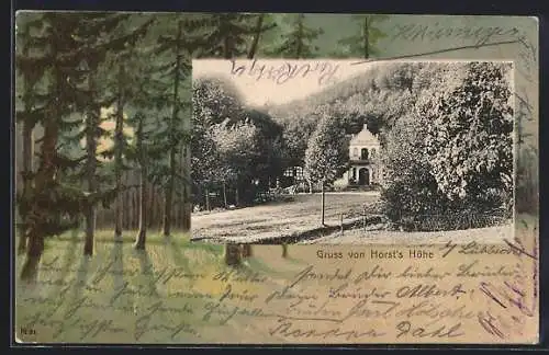 AK Lübbecke, Gasthof Horst`s Höhe, lithographierter Wald als Rahmen