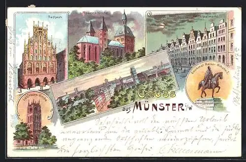 Lithographie Münster / Westfalen, Rathaus, Liebfrauenkirche, Mauritz-Kirche, Prinzipalmarkt