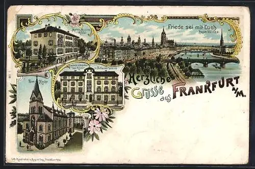 Lithographie Frankfurt-Bornheim, Martins-Missions-Anstalt, Zion-Kirche, Kranken-Heilanstalt des Bethanien-Vereins