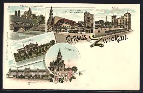 Lithographie Zwickau, Villa Ebert & Paradiesbrücke, Schwanenschloss, Moritzkirche, Kaserne, Bahnhof