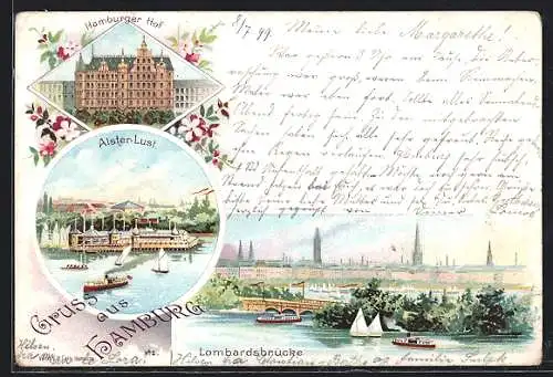 Lithographie Hamburg, Restaurant Alster-Lust, Hotel Hamburger Hof, Lombardsbrücke