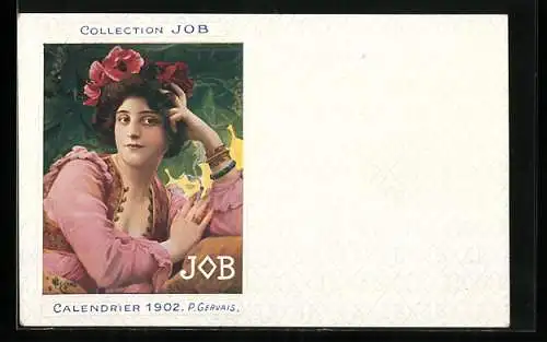 Künstler-AK Reklame für JOB-Zigarettenpapier, Calendrier 1902, rauchende junge Frau, Jugendstil