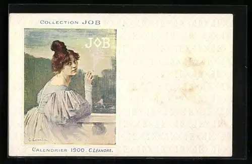 AK Frau raucht auf Veranda eine JOB-Zigarette, Jugendstil