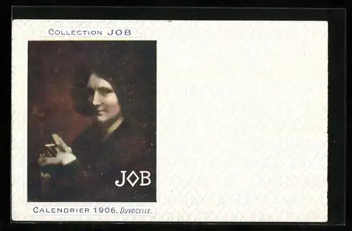 Künstler-AK Reklame für JOB-Zigarettenpapier, Calendrier 1906, Raucherin, Jugendstil