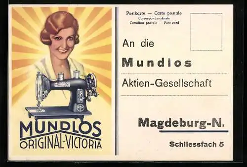 Künstler-AK Reklame für Mundlos Original-Victoria Nähmaschine