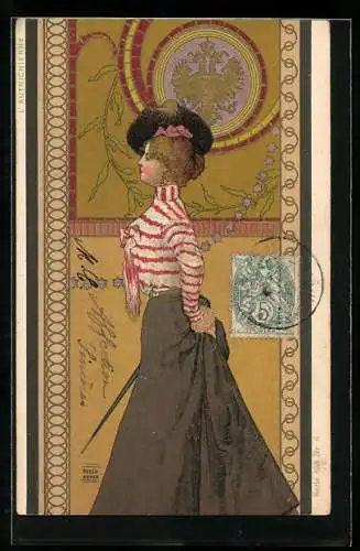 Künstler-AK sign. Arpad Basch: Elegante Dame mit Schirm, Jugendstil