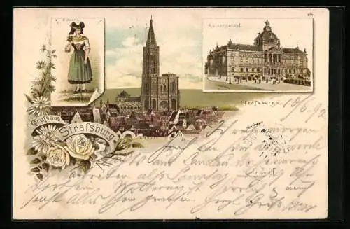 Vorläufer-Lithographie Strassburg, 1892, Kaiserpalast, Münster, Elsässerin in Tracht