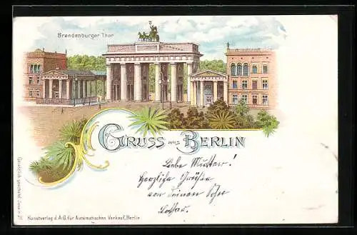 Lithographie Berlin, Brandenburger Thor, Ganzsache 5 Pfennig