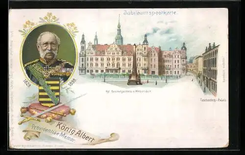 Lithographie Dresden, Kgl. Residenzschloss und Wettinsäule, König Albert von Sachsen, Ganzsache 5 Pfennig