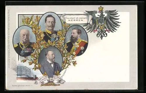 AK Ganzsache PP9C98 /02: Kaiser Friedrich Wilhelm III. von Preussen, General-Postmeister Dr. H. v. Stephan, Wilhelm I.