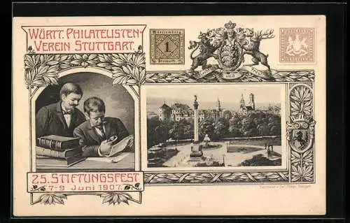 AK Stuttgart, Württembergischer Philatelisten-Verein, Sammler mit Album und Lupe, Wappen, Ganzsache 2 Pfennig