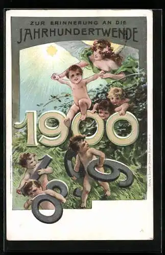 Lithographie Ganzsache PP8C4: Zur Erinnerung an die Jahrhundertwende, Putten mit Jahreszahl 1900