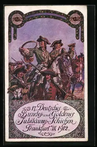 Künstler-AK Frankfurt am Main, 17. Deutsches Bundes- und Goldenes Jubiläums-Schiessen 1912, Festzug-Gruppe, Ganzsache