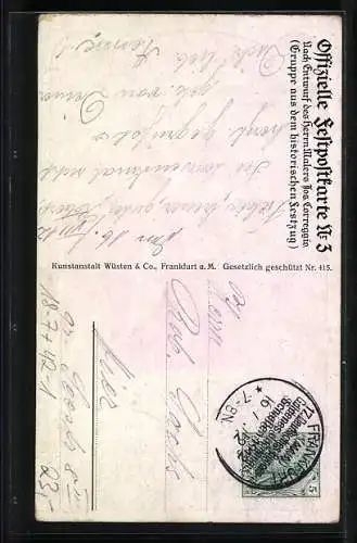 Künstler-AK Frankfurt am Main, 17. Deutsches Bundes- und Goldenes Jubiläums-Schiessen 1912, Festzug-Gruppe, Ganzsache