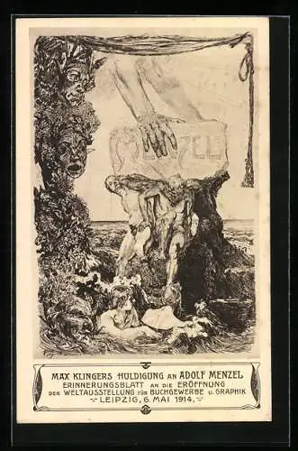 Künstler-AK Leipzig, Weltausstellung für Buchgewerbe u. Graphik 1914, Huldigung an Adolf Menzel, Ganzsache 5 Pfennig