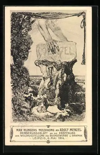 Künstler-AK Leipzig, Weltausstellung für Buchgewerbe u. Graphik 1914, Huldigung an Adolf Menzel, Ganzsache 5 Pfennig