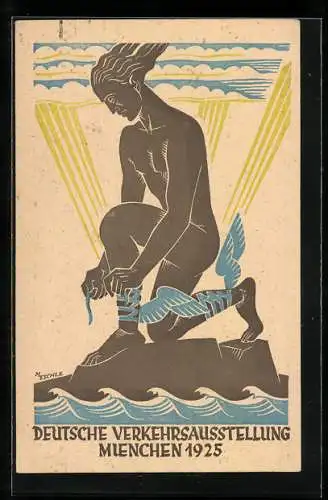 Künstler-AK München, Deutsche Verkehrsausstellung 1925, Hermes schnürt seine geflügelten Sandalen, Ganzsache
