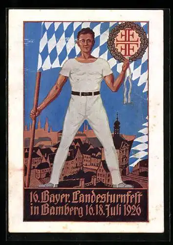 Künstler-AK Ganzsache PP81C15: Bamberg, 16. Bayerisches Landesturnfest 1926, Turner mit Bayerischer Fahne