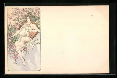 Künstler-AK Alphonse Mucha: Junge Bacchantin mit Blumenkranz im Haar, Jugendstil