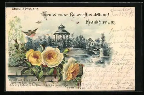 Lithographie Ganzsache PP9D17 /01: Frankfurt am Main, Rosen-Ausstellung, Pavillon am Wasser mit gelben Rosen