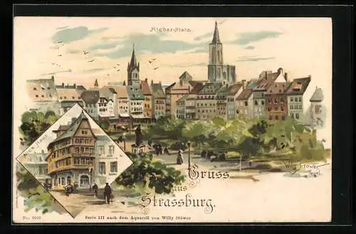 Künstler-AK Willy Stoewer: Strassburg, Altes Haus, Kleber-Platz aus der Vogelschau