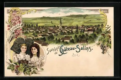 Lithographie Château-Salins, Panorama, Frauen in Tracht