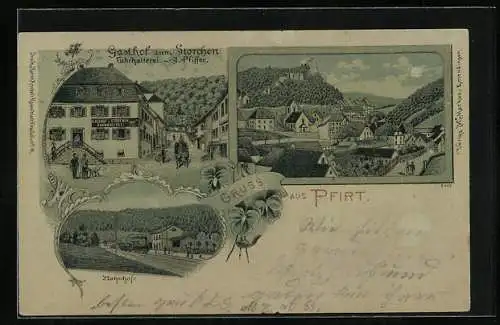 Mondschein-Lithographie Pfirt, Gasthof zum Storchen v. J. Pfiffer, Bahnhof