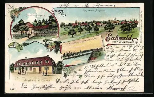 Lithographie Eichwald i. E., Gasthaus zur Sonne, Sommerwirtschaft, Schiff- und Eisenbahnbrücke