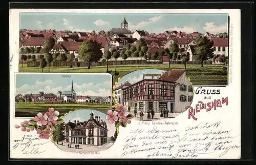 Lithographie Riedisheim, Epicerie-Aubergiste J. Kieny, Kloster, Schloss Dollfus