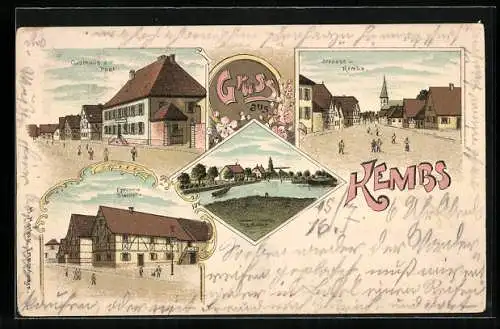 Lithographie Kembs, Gasthaus z. Post, Epicerie Staedelin, Kanal, Hafen, Zug-Brücke