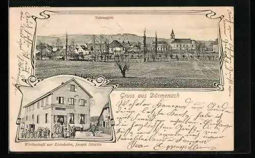 AK Dürmenach /Haut-Rhin, Gasthaus zur Eisenbahn v. Joseph Stierlin, Gesamtansicht, im Jugendstil-Passepartout