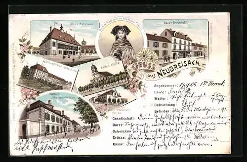 Lithographie Neubreisach /Haut-Rhin, Bazar Brockhoff, Frau in lokaler Tracht, altes Rathaus, Unteroffizier-Vorschule