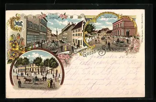 Lithographie Sennheim /Haut-Rhin, Bahnhof und Restaurant Meyerhof, Langestrasse und Ev. Kirche, Johannesplatz