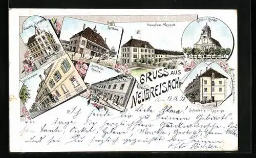 Lithographie Neubreisach /Haut-Rhin, Garnisons-Verwaltung, Kaiserl. Kommandatur, Rathhaus, Artillerie-Kaserne